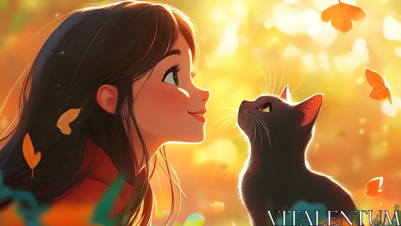 Autumn daylight pauses as girl and cat trade quiet secrets