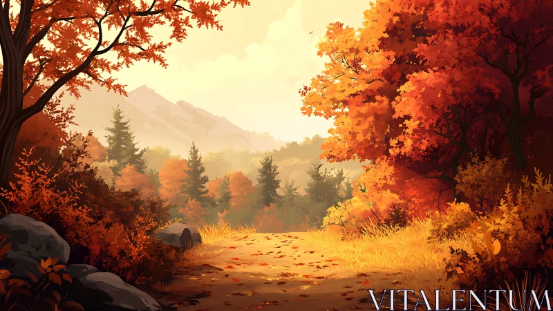 Autumn Valley Landscape: Mountains Framed by Golden Trees