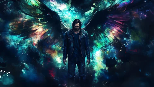 Winged male figure in dark jacket amid abstract colors.