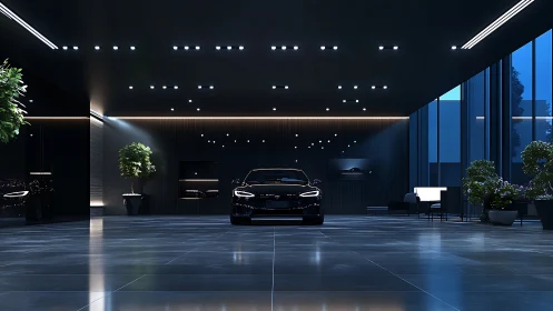 Photorealistic luxury showroom with central black coupe focus.
