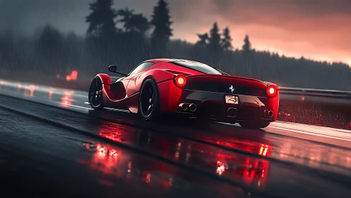 Aerodynamic hypercar under torrential dusk rainfall on circuit.