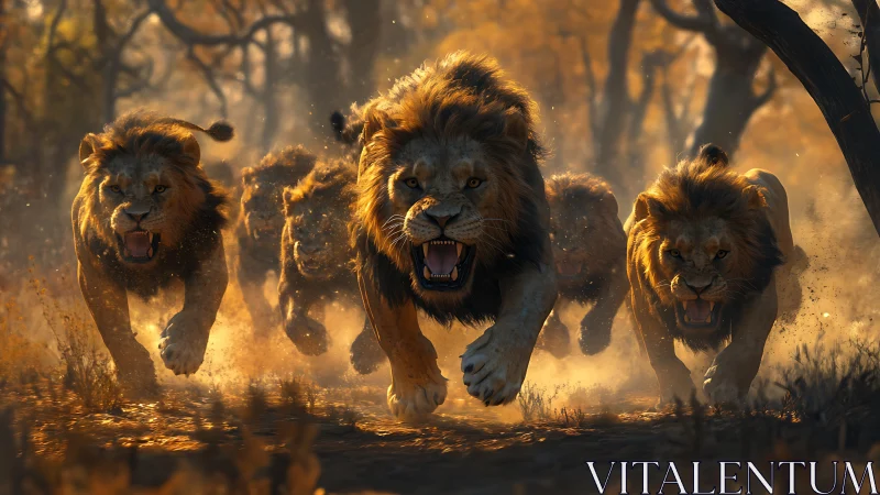 Pack of lions running through dust in savanna woodland setting