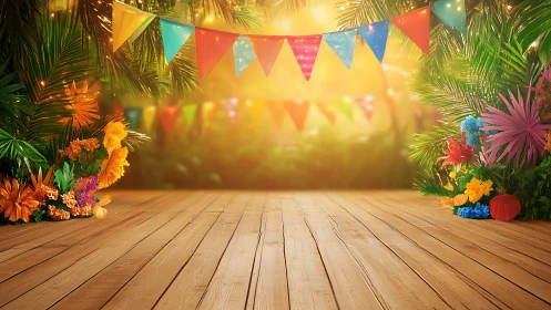 Tropical wooden stage framed by bunting, florals and warm bokeh light