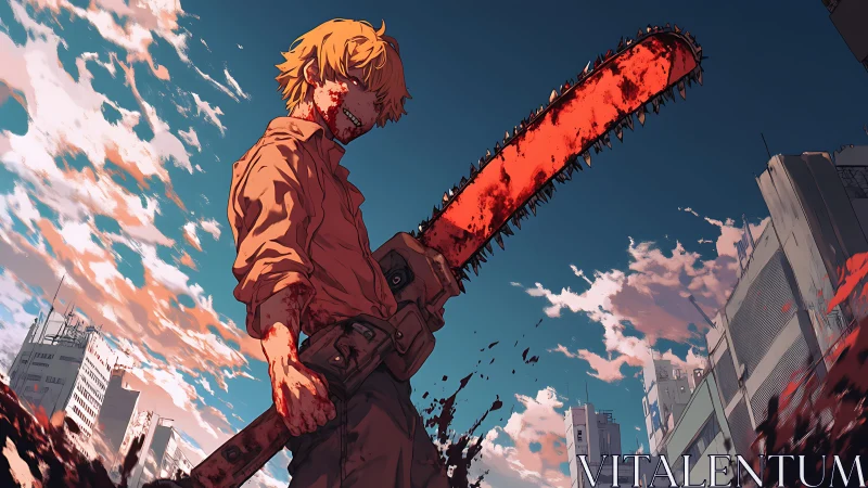 Bloodied chainsaw fighter dominates low-angle urban skyline