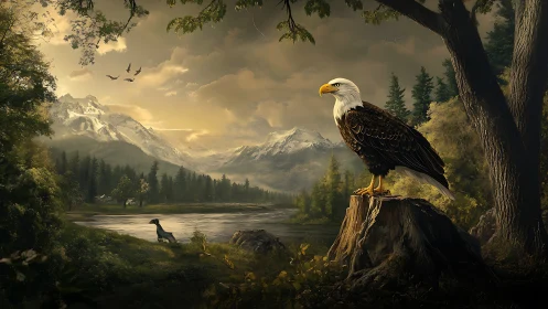 Majestic Bald Eagle Overlooking Mountain Lake in Realistic Style.