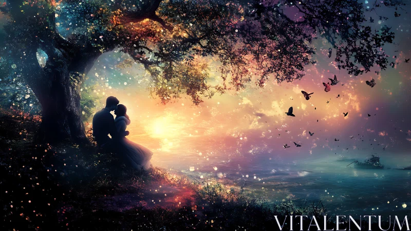 Silhouetted Couple Beneath Ancient Tree at Magical Sunset
