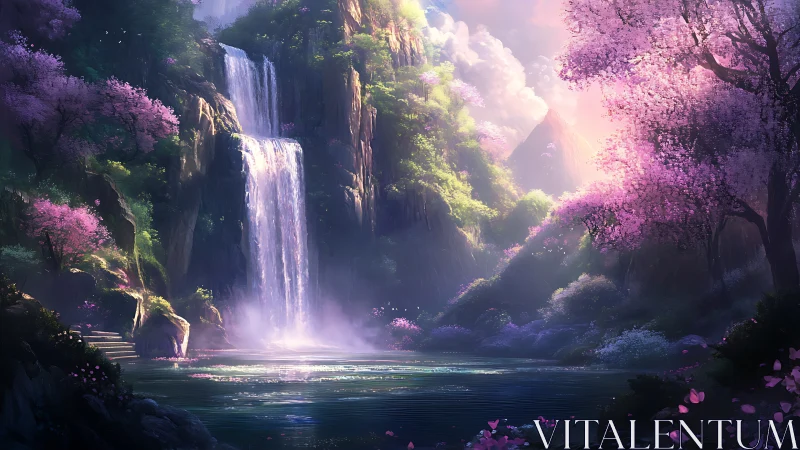 Mystic waterfall cascades through luminous cherry blossom valley
