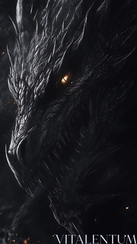 Monochrome dragon head in dark environment, side profile.