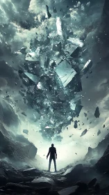 Solitary figure under shattering crystalline sky vortex.