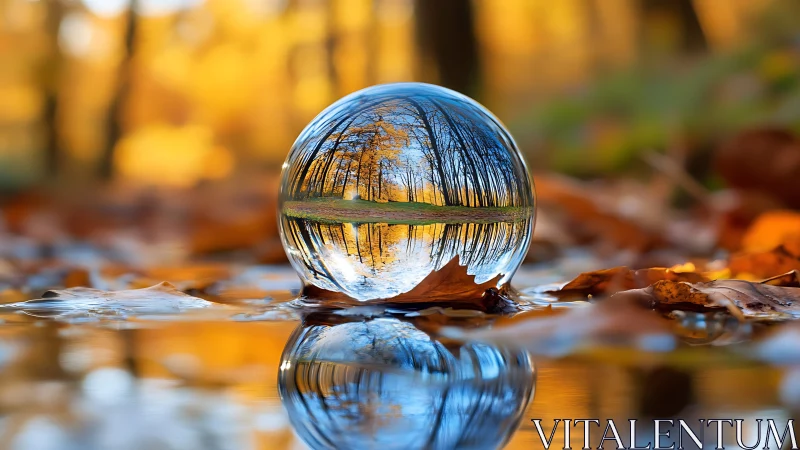 Glass sphere records inverted autumn forest reflection