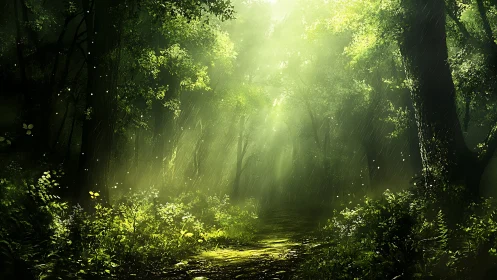 Luminous forest pathway with divine light rays.