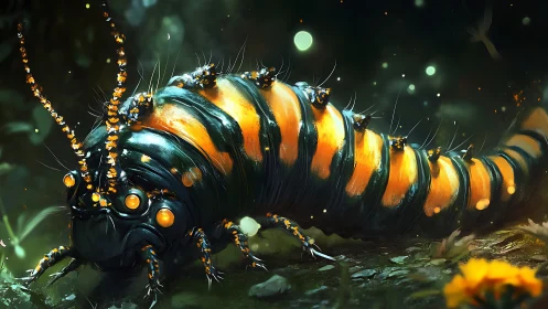Bioluminescent macro caterpillar rendered with high specular detail