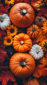 Cozy harvest pumpkins nestled in a swirl of autumn color.