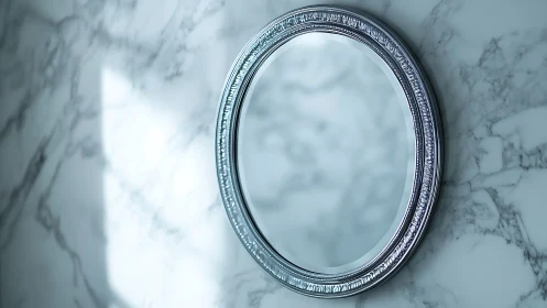 Silver oval mirror drifts across cool marble morning light.