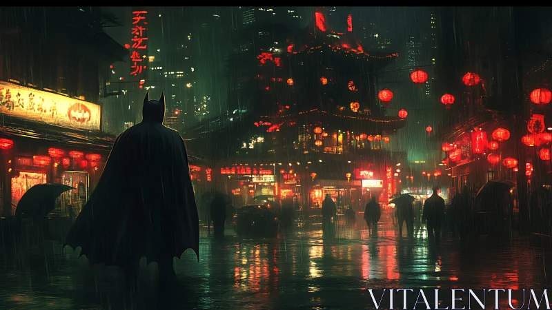 Dark vigilante in neon-soaked rainy Asian night street.