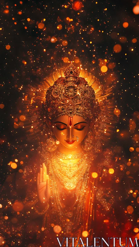 Golden deity figure with ornate crown in dark setting.