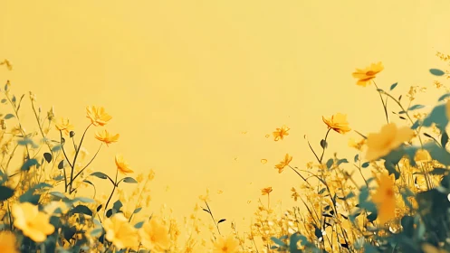 Yellow flowers against bright golden sky at sunset.