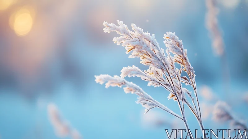 Frost covered grass stalks against soft winter bokeh background.