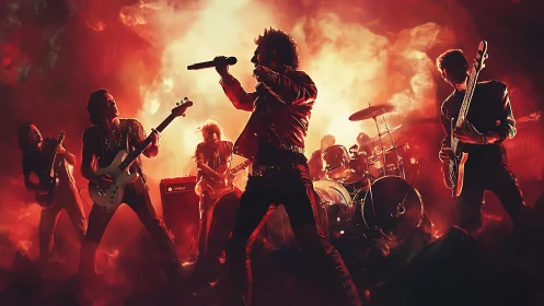 Digital painting of rock band onstage in fiery backlit silhouette.