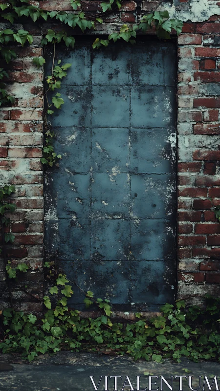 Rust-muted blue door swallowed by ivy and old brick hush.