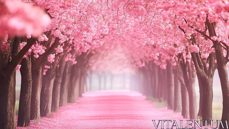Cherry blossom trees form symmetrical pink tunnel over path