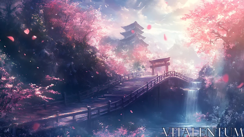 Digital landscape shows arched bridge, torii gate and pagoda