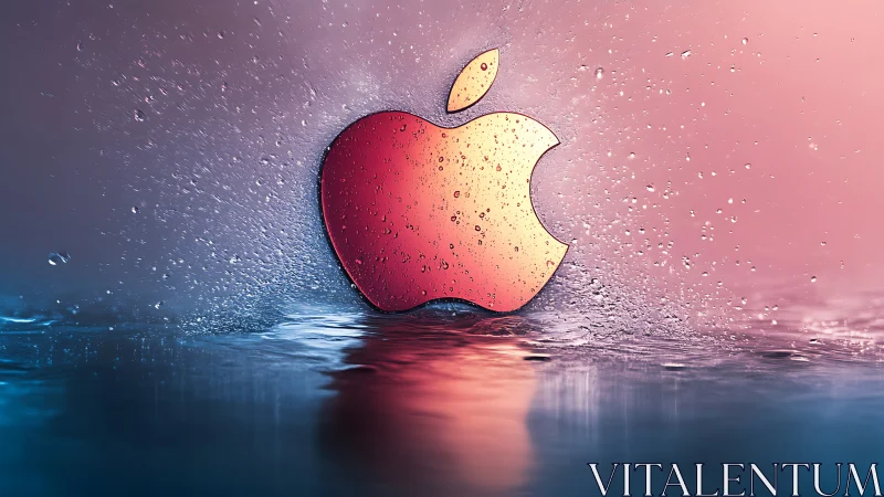 Metallic apple logo with water droplets and rippled surface.