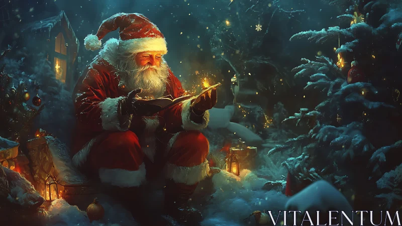 Santa reading a glowing book in a snowy forest night.