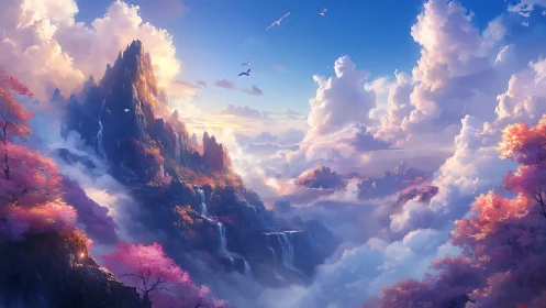 Sunlit alpine spires rise above misted waterfalls and clouds