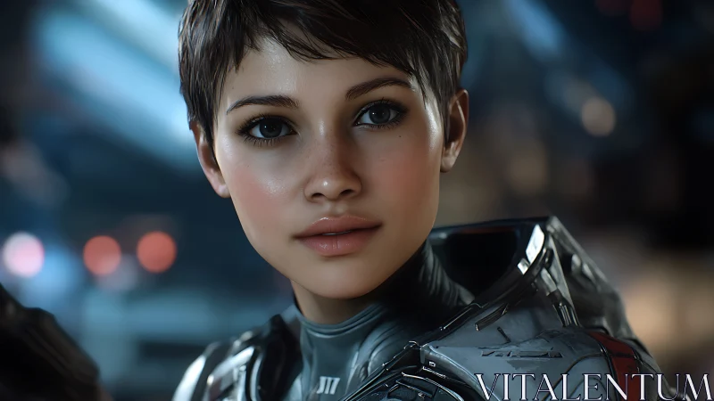 Young sci fi pilot portrait in detailed armored suit.