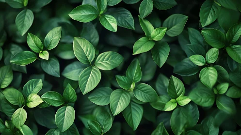 Dense overhead foliage pattern with glossy green elliptical leaves
