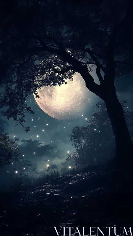 Moonlit forest path is framed by silhouetted trees at night