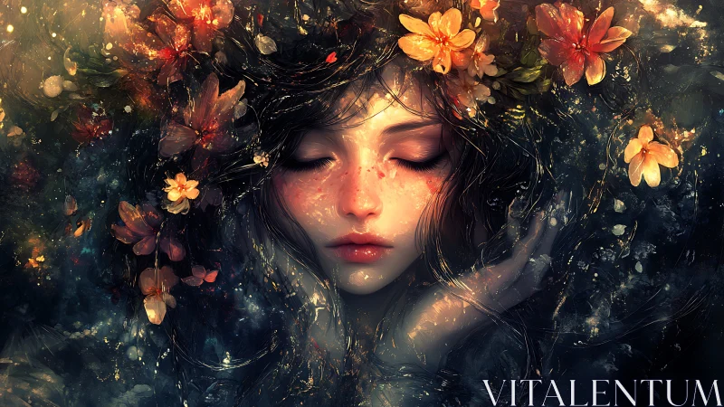 Sleeping floral muse drifts in luminous painterly darkness