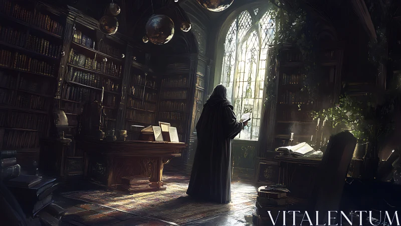 Hooded scholar in dim gothic library before tall window.