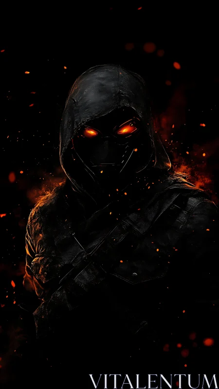 Hooded cybernetic wraith portrait in ember-lit silhouette.