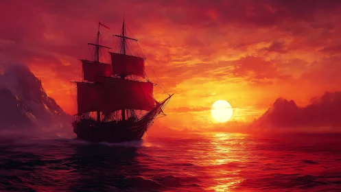 Crimson-sailed voyager cuts through molten sunset seas.