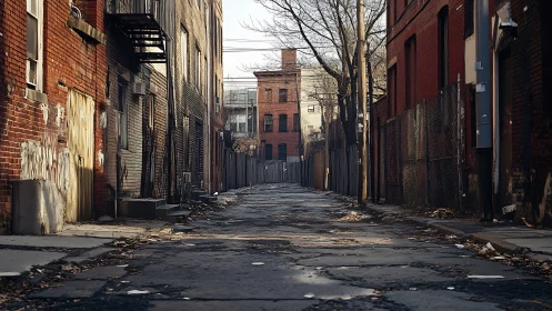 Rust brick alleyway under pale winter light, quietly waiting.