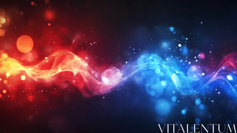 Abstract red and blue light waves on dark gradient background.