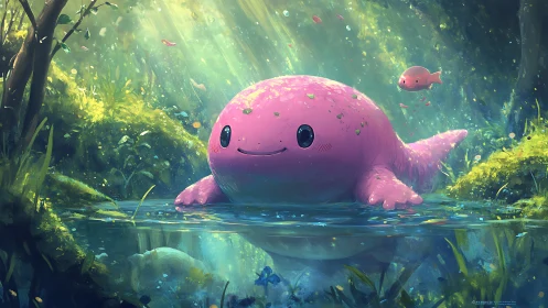 Pink aquatic creature rests in shallow forest water pool