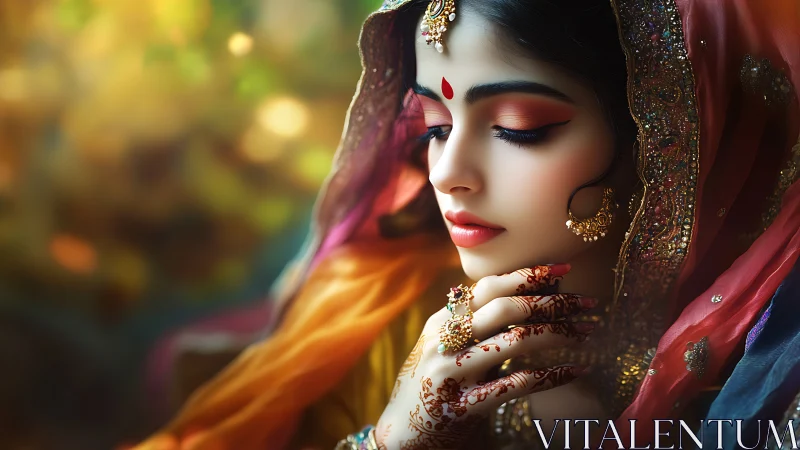 Digital painting portrays ornate bridal portrait in warm bokeh light