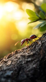 Solitary ant explores sunlit tree bark at golden hour.