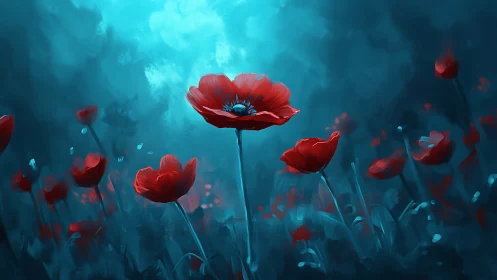 Red Poppies Against Turquoise Twilight