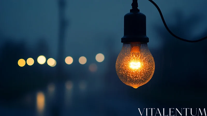 Wet glowing light bulb at night with blurred street bokeh.
