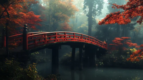 Red arched bridge spans misty forest pond in autumn light
