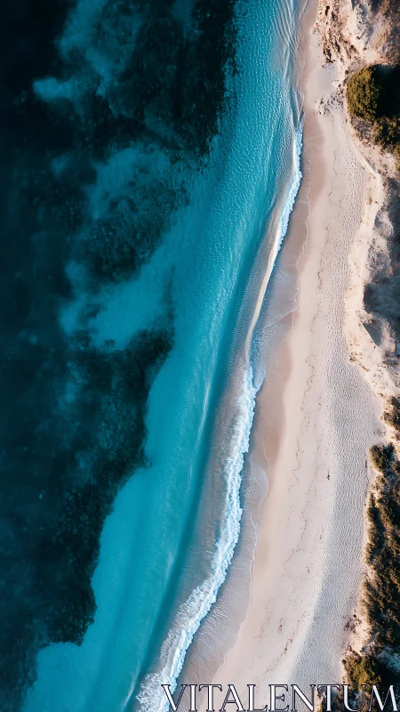 Drone view shows turquoise shoreline meeting sandy beach