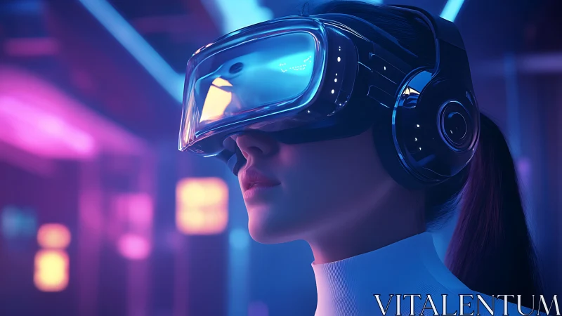 Female user in neon VR headset within immersive light field