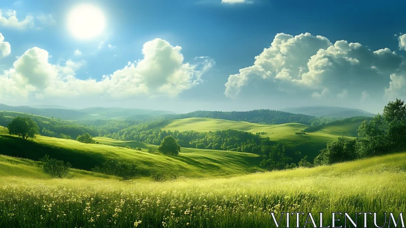 Sunlit emerald hills breathe under drifting summer clouds.