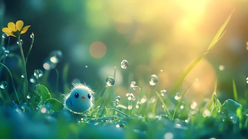 Small blue bird character in dewy grass under morning light.