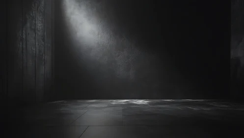 Moody concrete chamber with single dramatic light beam.