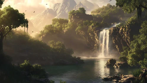 Sunlit emerald falls in a hidden valley of mist and stone.